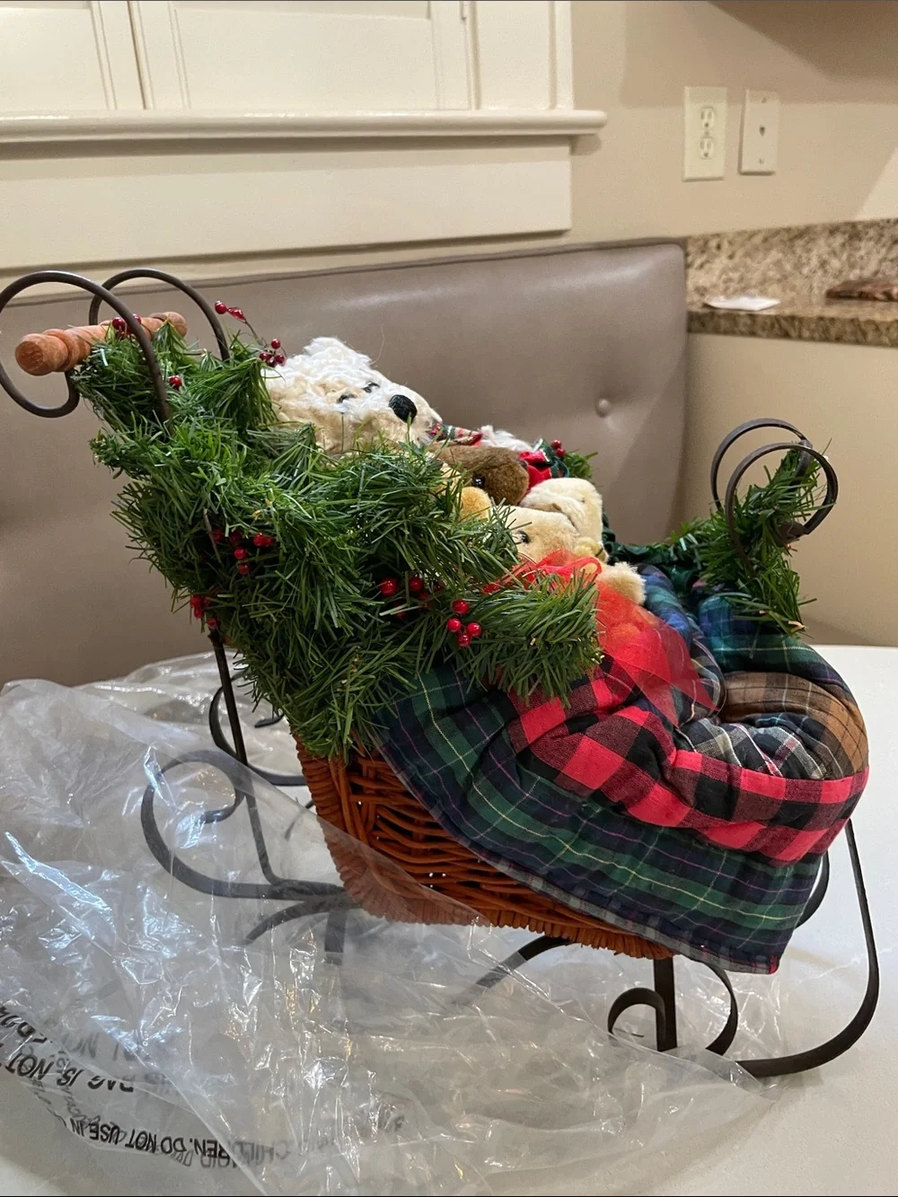 Holiday Plush Bear Sleigh Décor - Cream, Brown, Tan, Green, Red